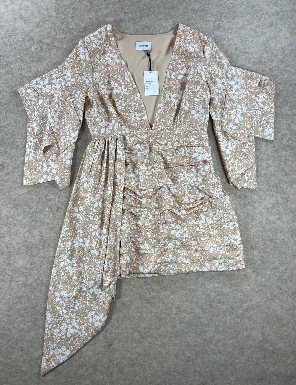 Boskemper Bea Plunging Floral Mini Dress Tan Cream Ruched Asymmetrical Sz M
